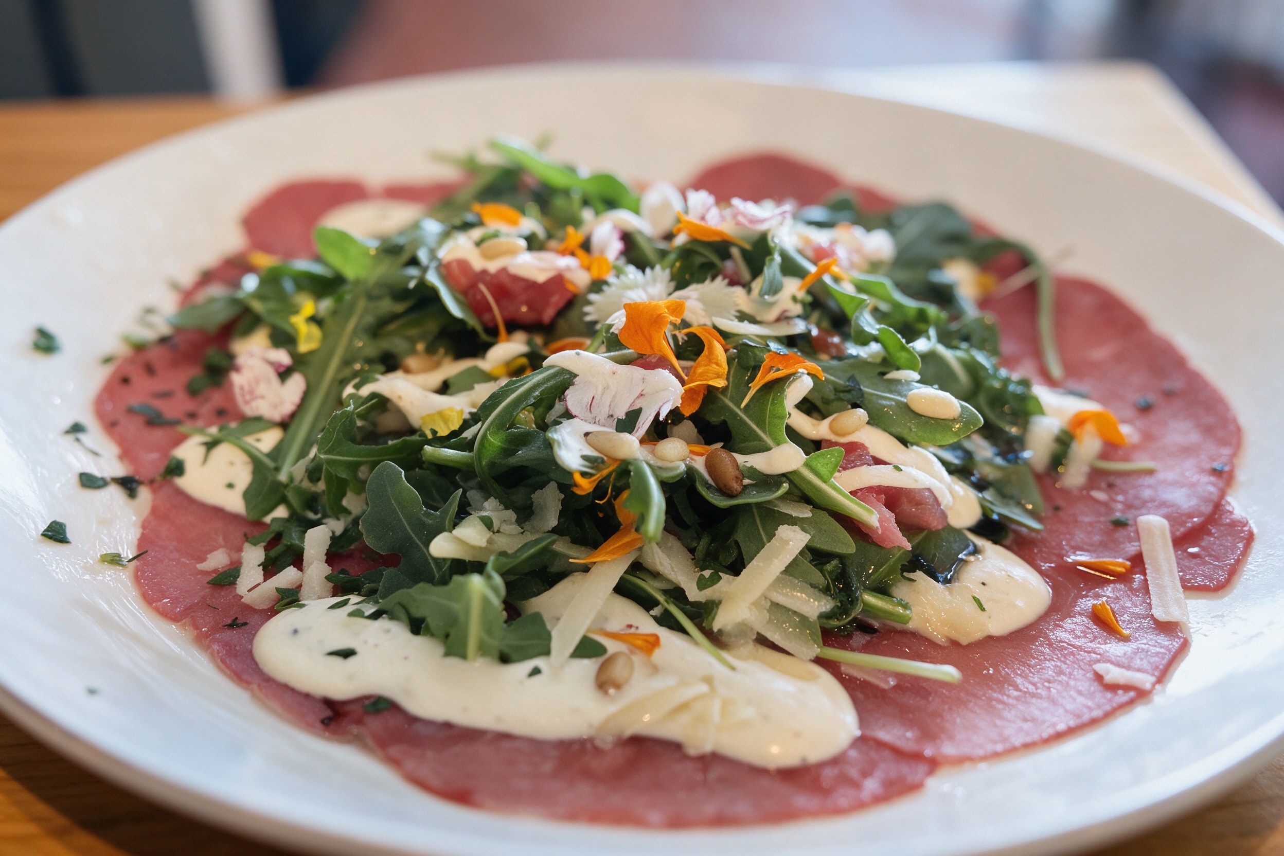 Carpaccio de ternera con rúcula, lascas de parmesano y flores en plato blanco