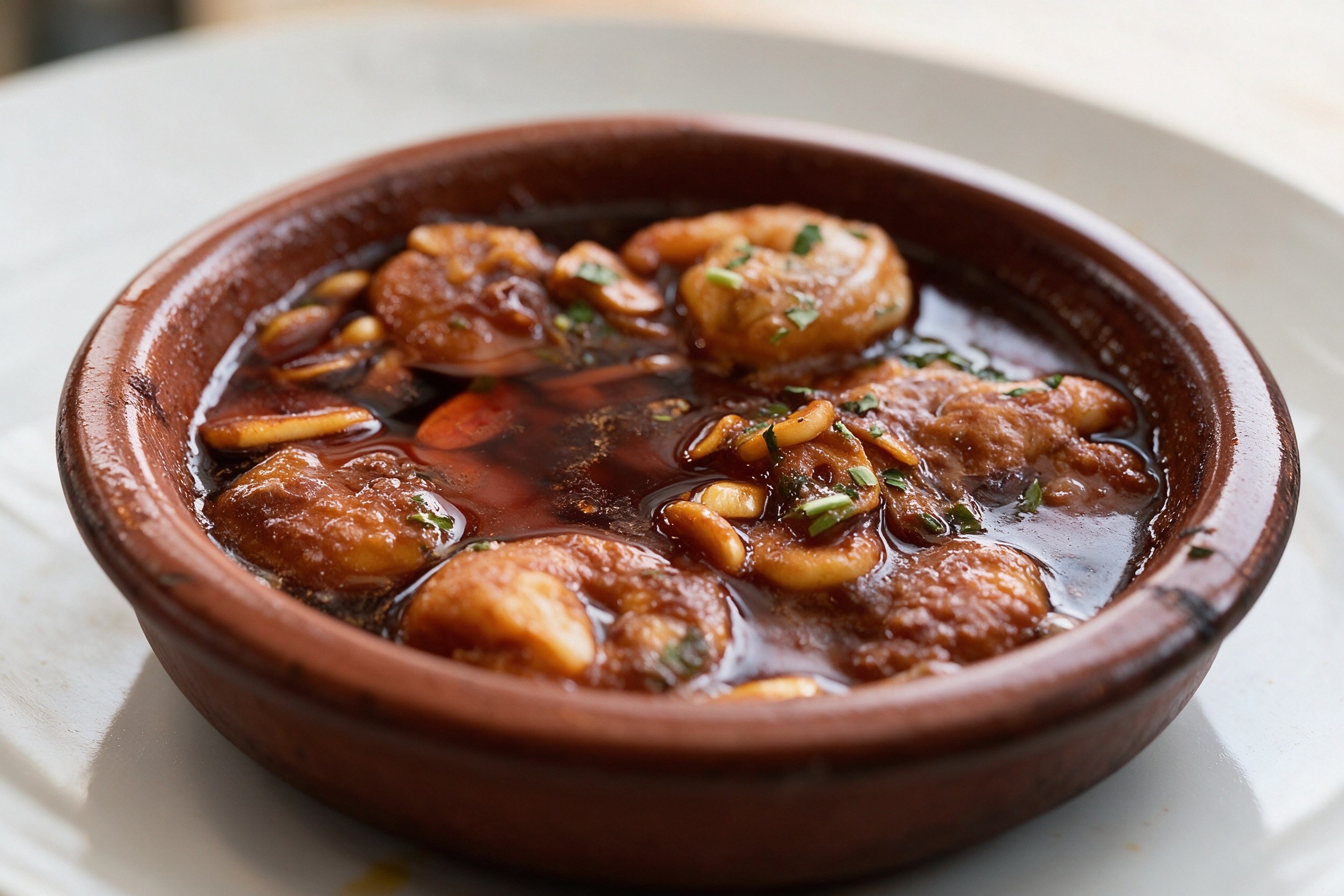 Guiso de marisco en cazuela de barro con gambas y mejillones en salsa roja