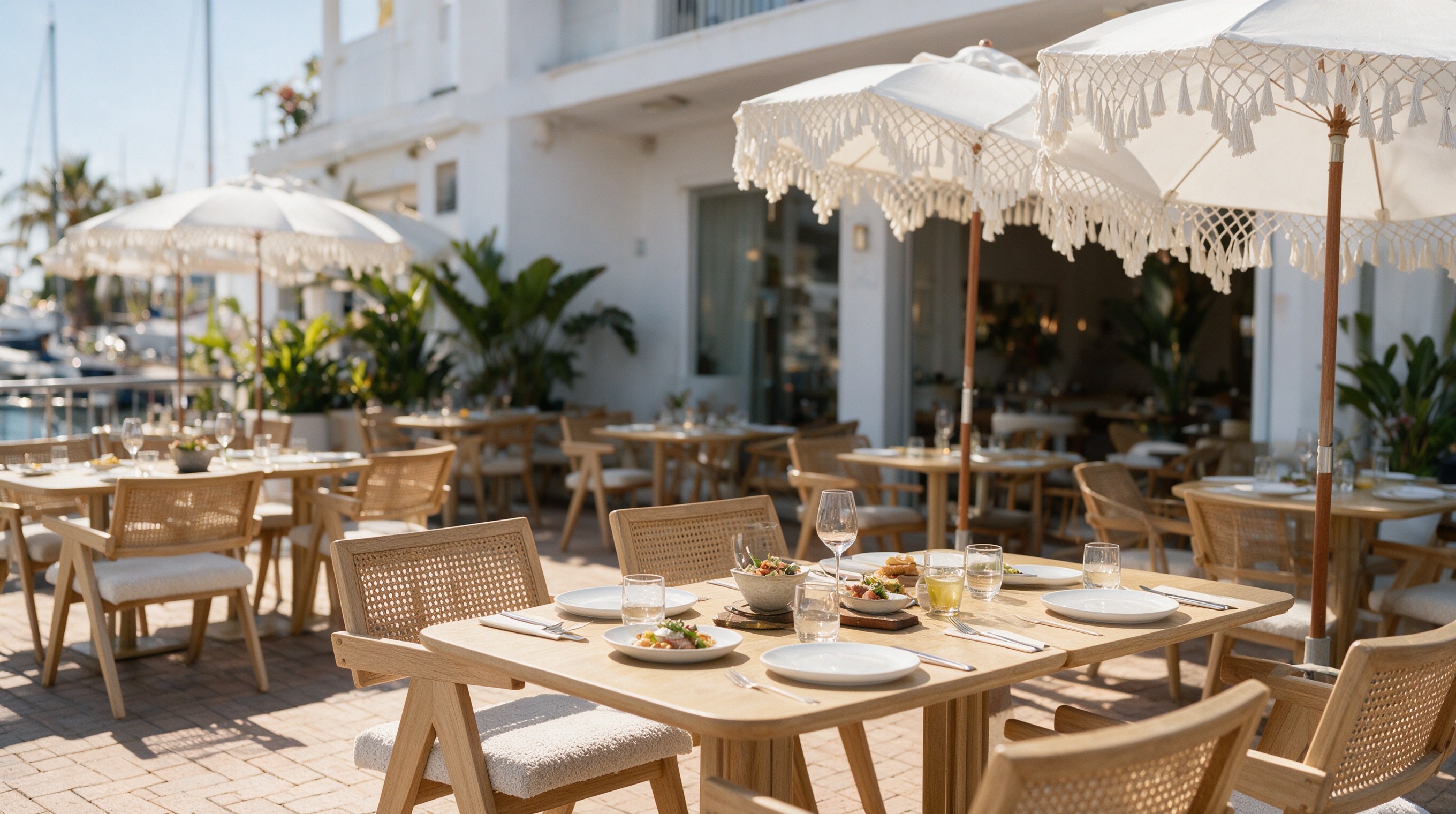 Terraza de restaurante con sombrillas blancas y vegetación junto al puerto deportivo de Fuengirola